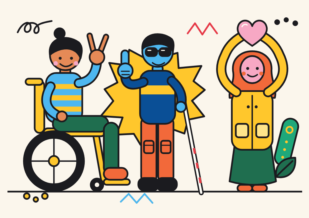 The hero illustration: four people with disabilities drawn in flat colour with bold outlines