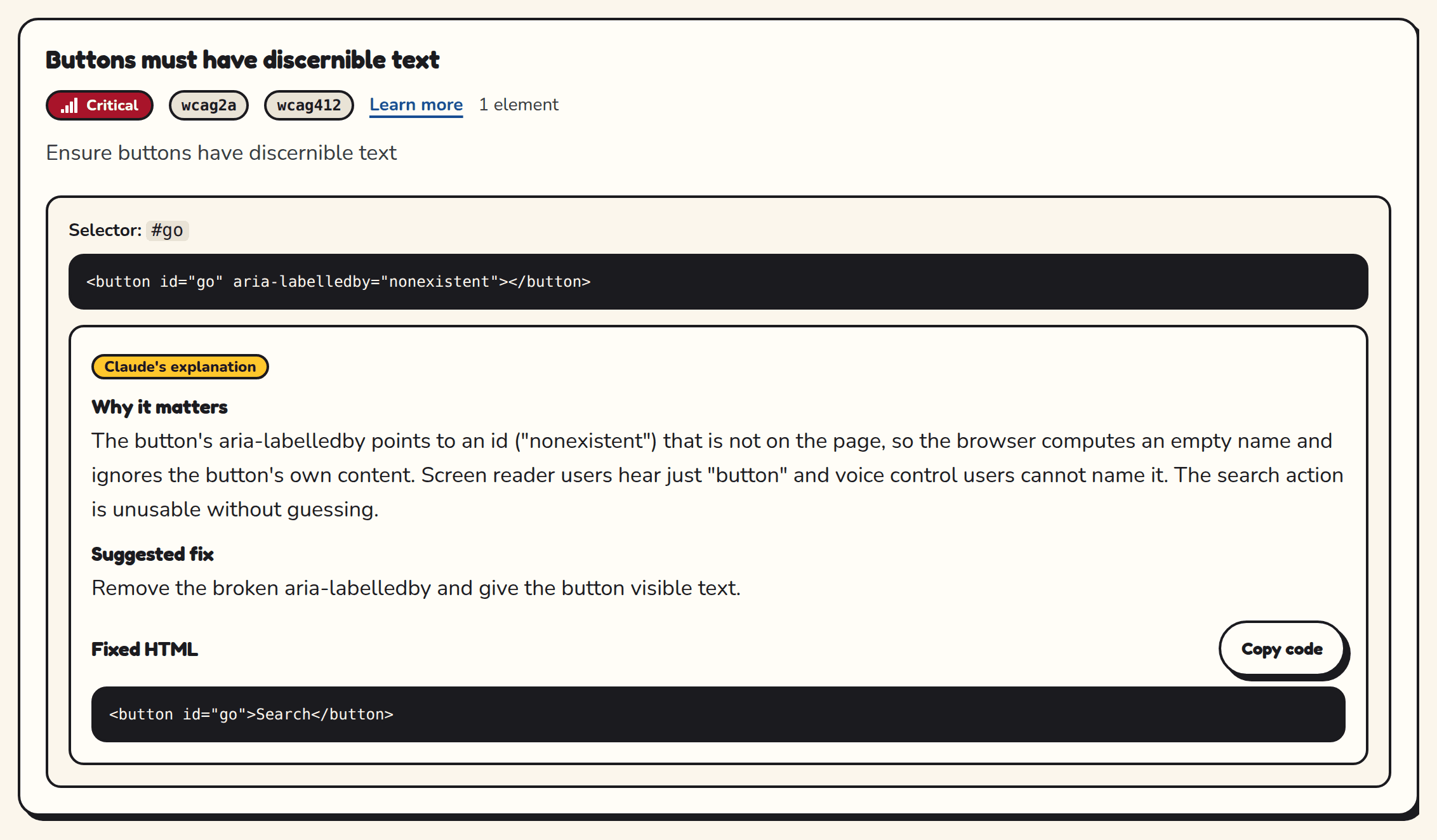 One issue with Claude's explanation, a fix summary and the corrected HTML.