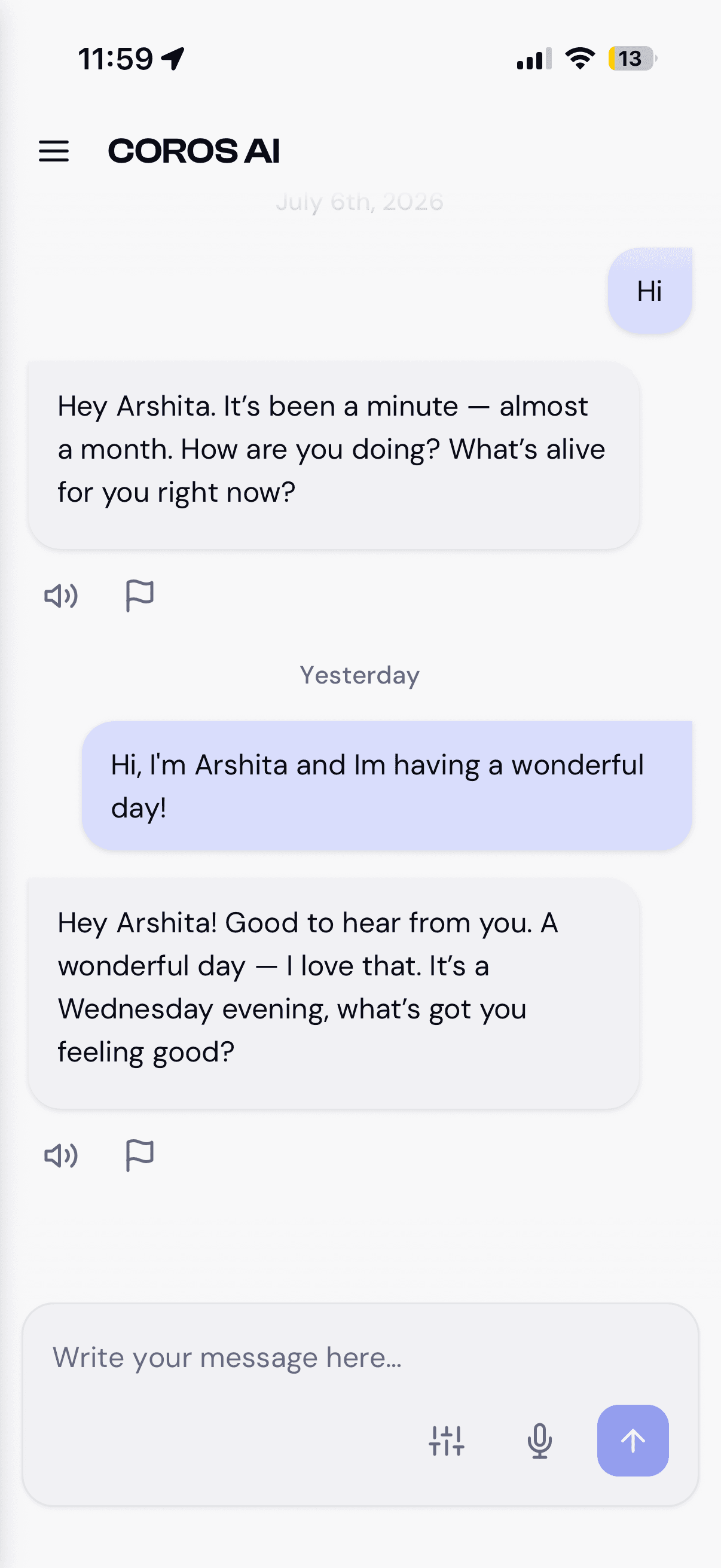 Mobile chat in light mode showing date dividers and read-aloud and flag actions beneath a COROS message.