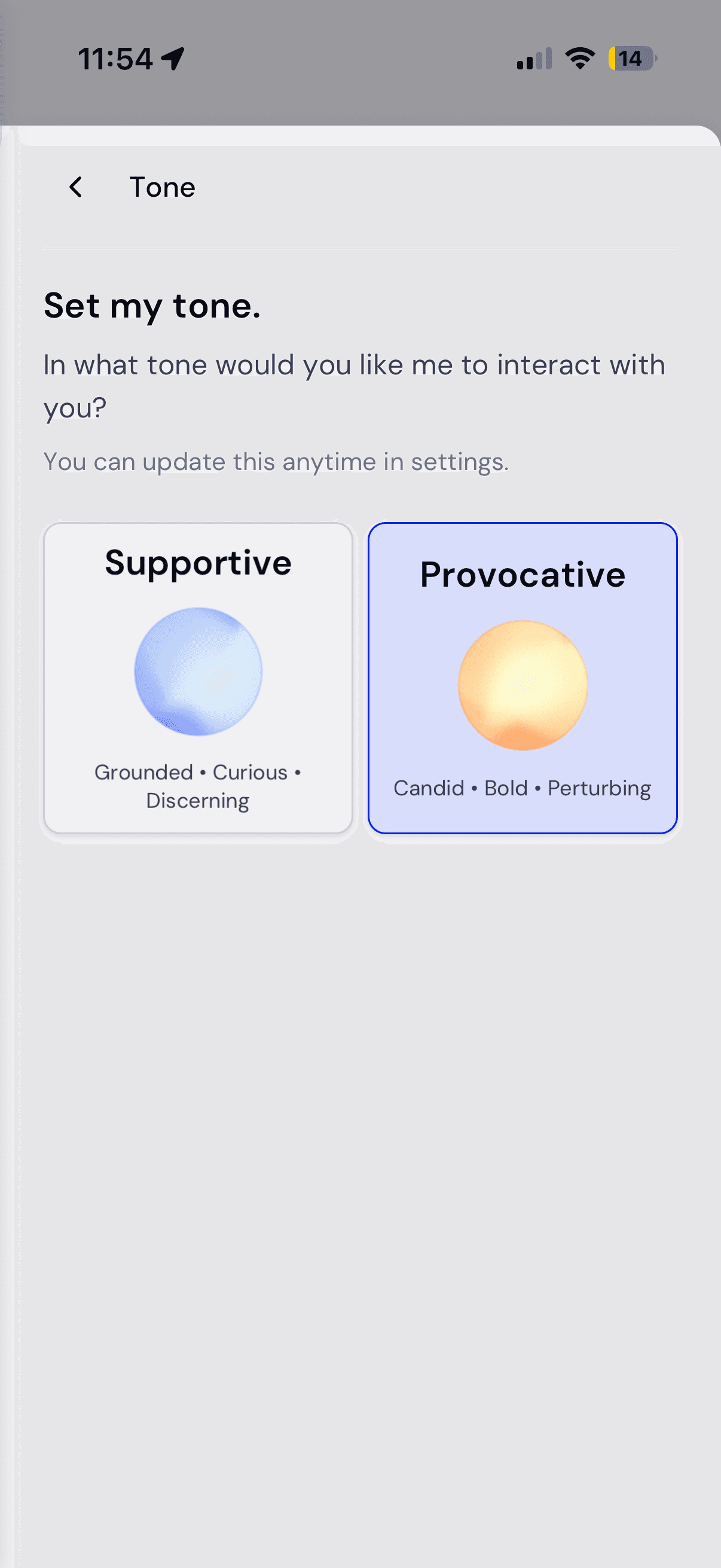Mobile tone selection with Supportive and Provocative cards, each carrying an animated orb.
