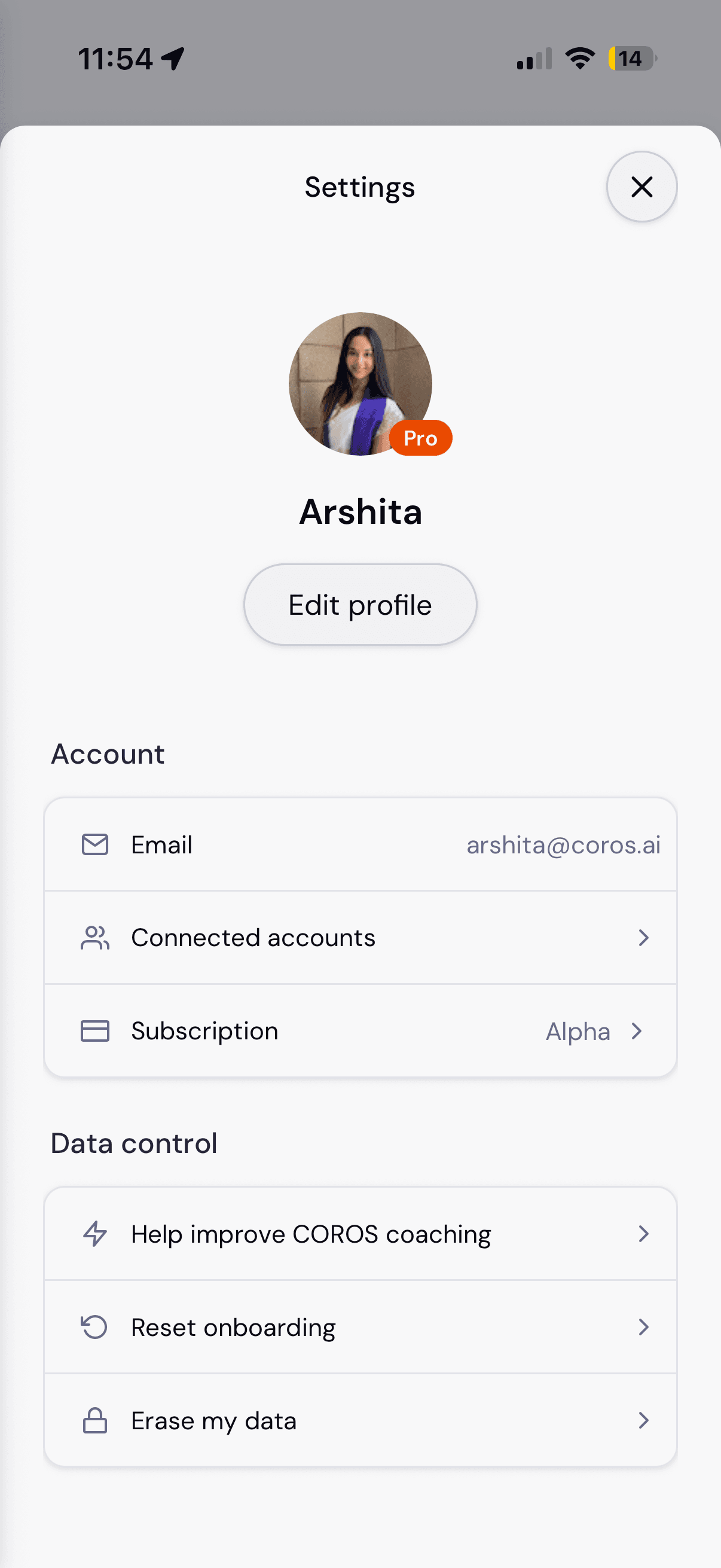 Mobile settings modal showing the profile header and the Account group.