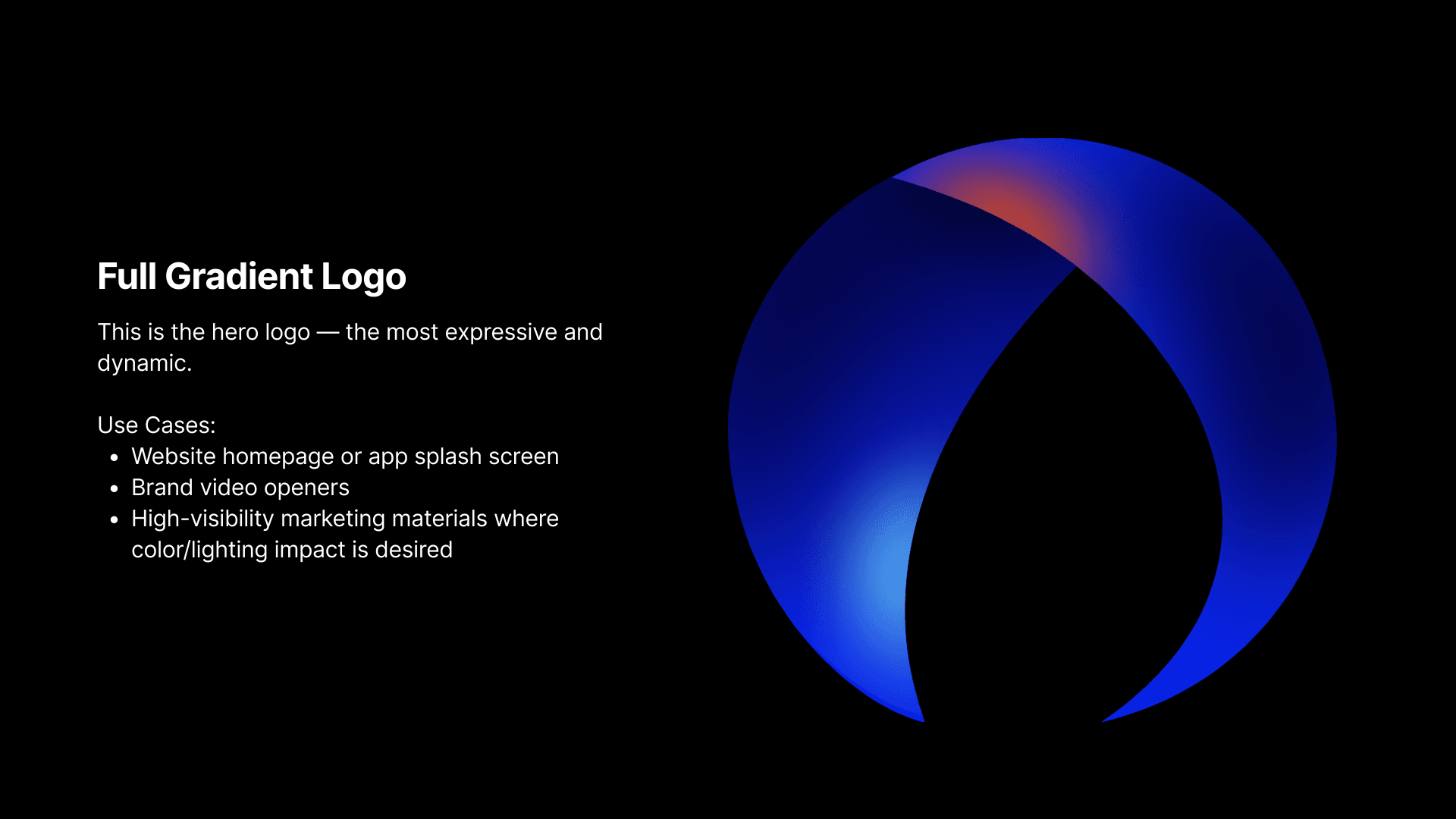 Full gradient logo: the hero crescent mark in blue-to-orange gradient, with use cases for homepage, splash, and video openers.