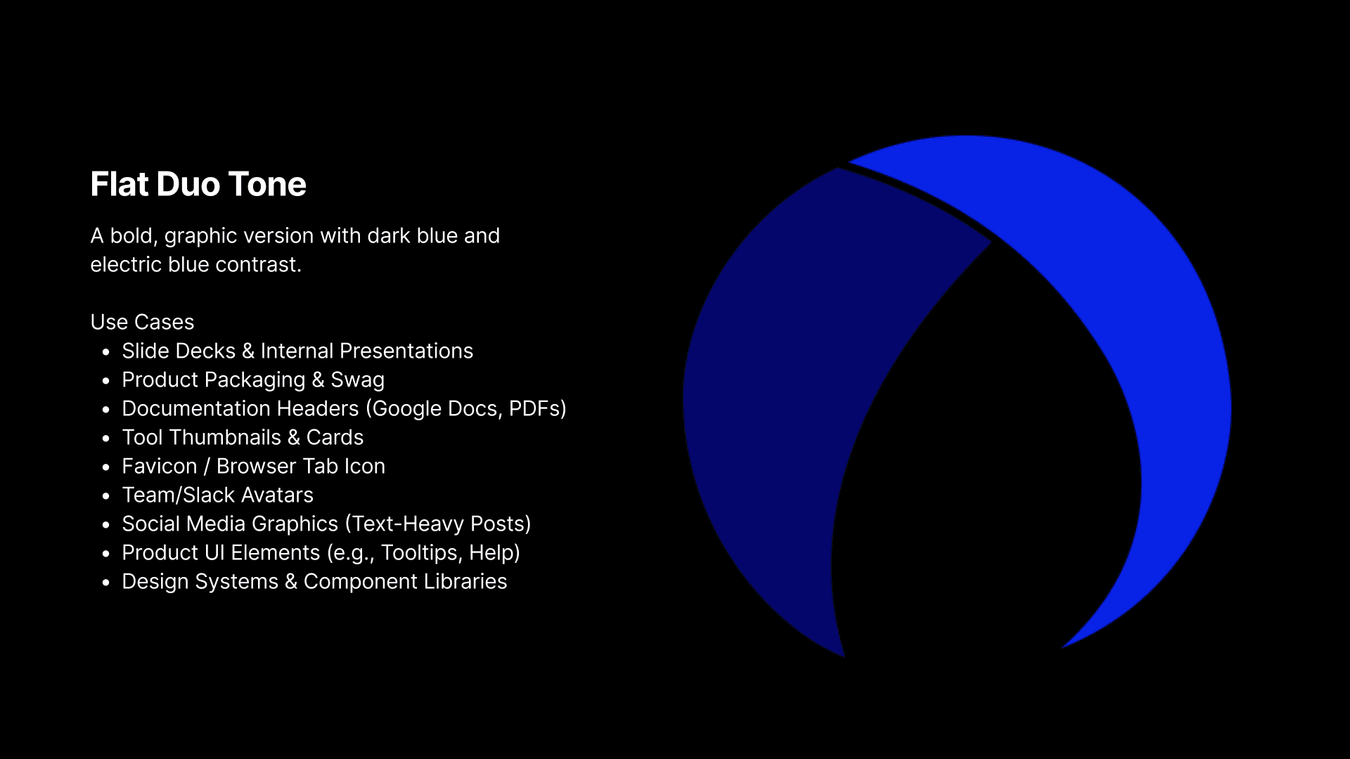 Flat duo-tone logo: a two-tone dark-blue and electric-blue mark, with use cases for decks, packaging, and UI.
