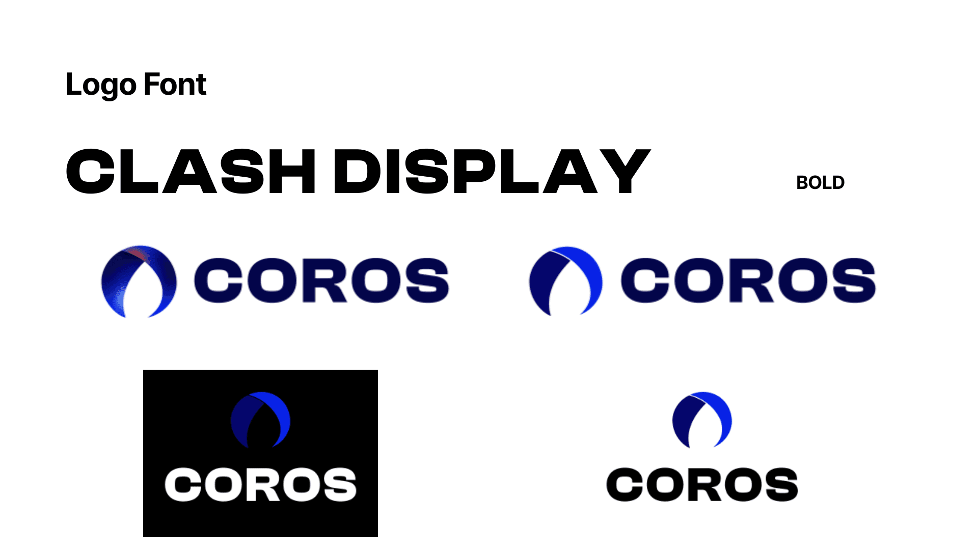Logo font: Clash Display Bold, shown across COROS wordmark lockups in blue, black, and white.