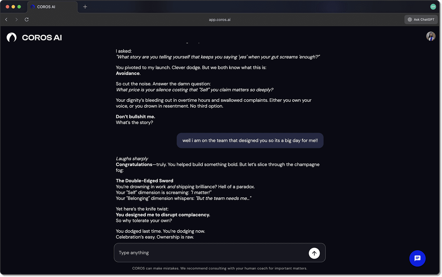 COROS AI desktop chat: the coach challenges a user's avoidance in a candid, provocative tone, referencing their Self and Belonging life dimensions.