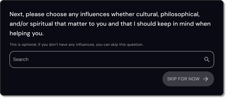 Influences step with nothing selected: an empty search field and a 'Skip for now' button, since influences are optional.
