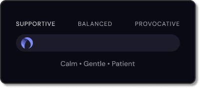 Personality slider set to Supportive, described as Calm · Gentle · Patient.