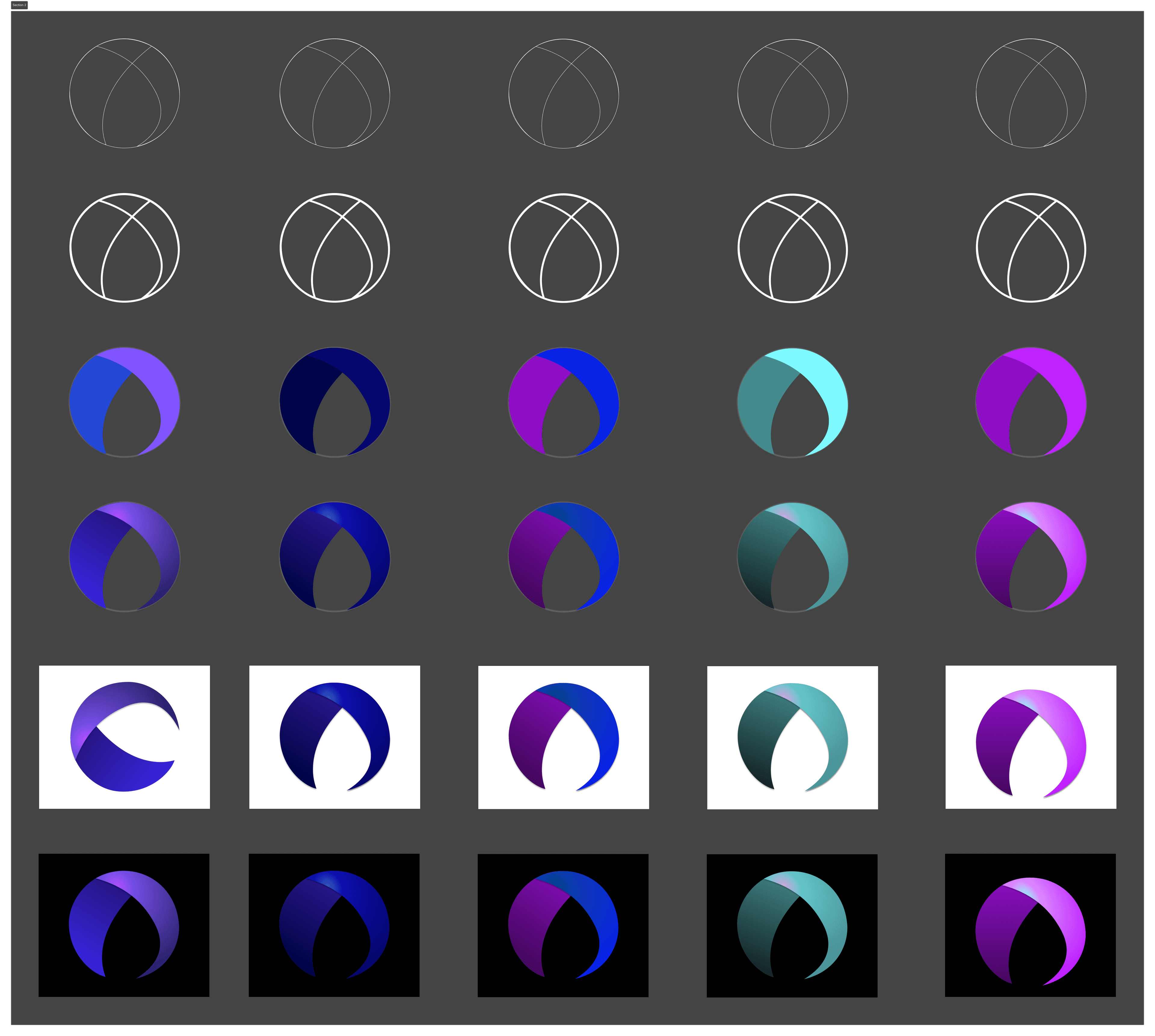 A grid iterating the chosen crescent-and-droplet mark across construction guides and colour gradients on light and dark backgrounds.