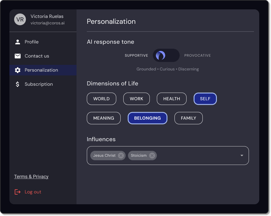 Personalization settings: AI response tone toggle, editable Dimensions of Life pills, and an Influences field.
