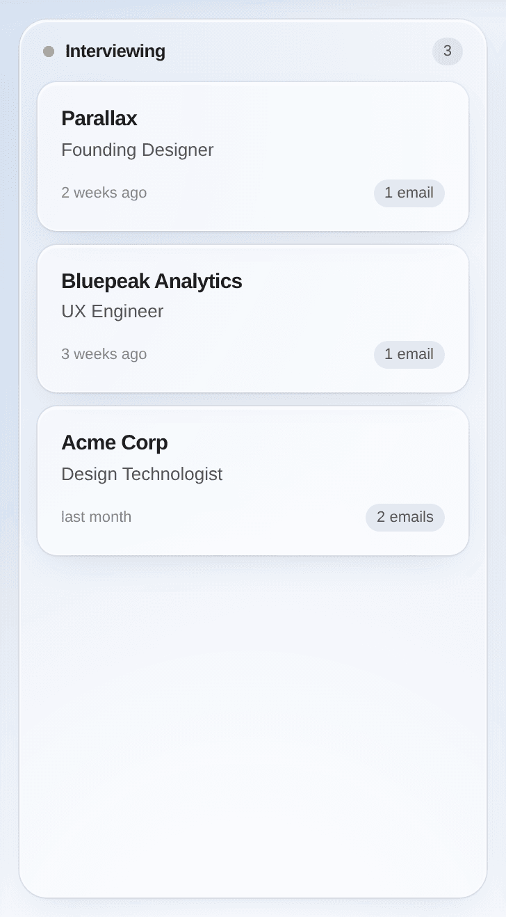 The Interviewing column with a yellow status dot and three cards: Parallax, Bluepeak Analytics and Acme Corp.
