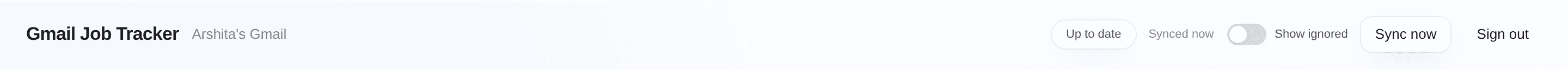 The header bar: an Up to date toast, Synced now, a Show ignored toggle, and the Sync now and Sign out buttons.