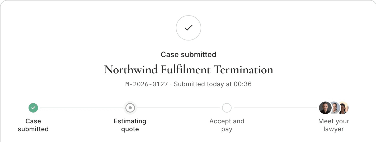 The submitted card: a check, 'Case submitted', the title 'Northwind Fulfilment Termination', case number M-2026-0127, and a track: Case submitted, Estimating quote, Accept and pay, Meet your lawyer, ending in three lawyer faces.