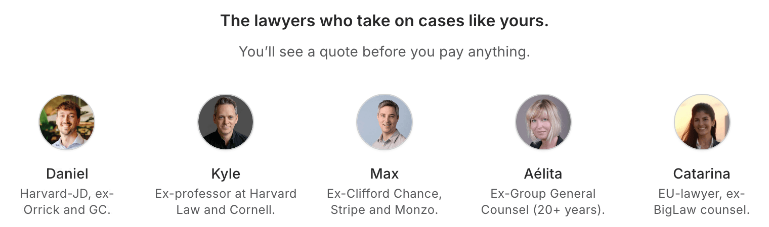 'The lawyers who take on cases like yours. You'll see a quote before you pay anything.' Five lawyers with their backgrounds: Daniel, Kyle, Max, Aélita, Catarina.