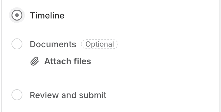 The brief panel mid-intake: Timeline is current, Documents is optional with an Attach files button, Review and submit is next.