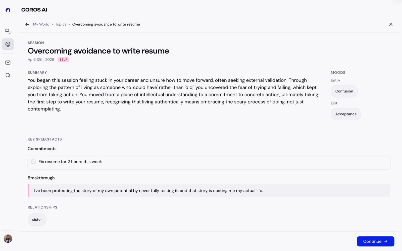 A session detail page ('Overcoming avoidance to write resume') with summary, entry and exit moods, a commitment, a breakthrough quote, and relationships.