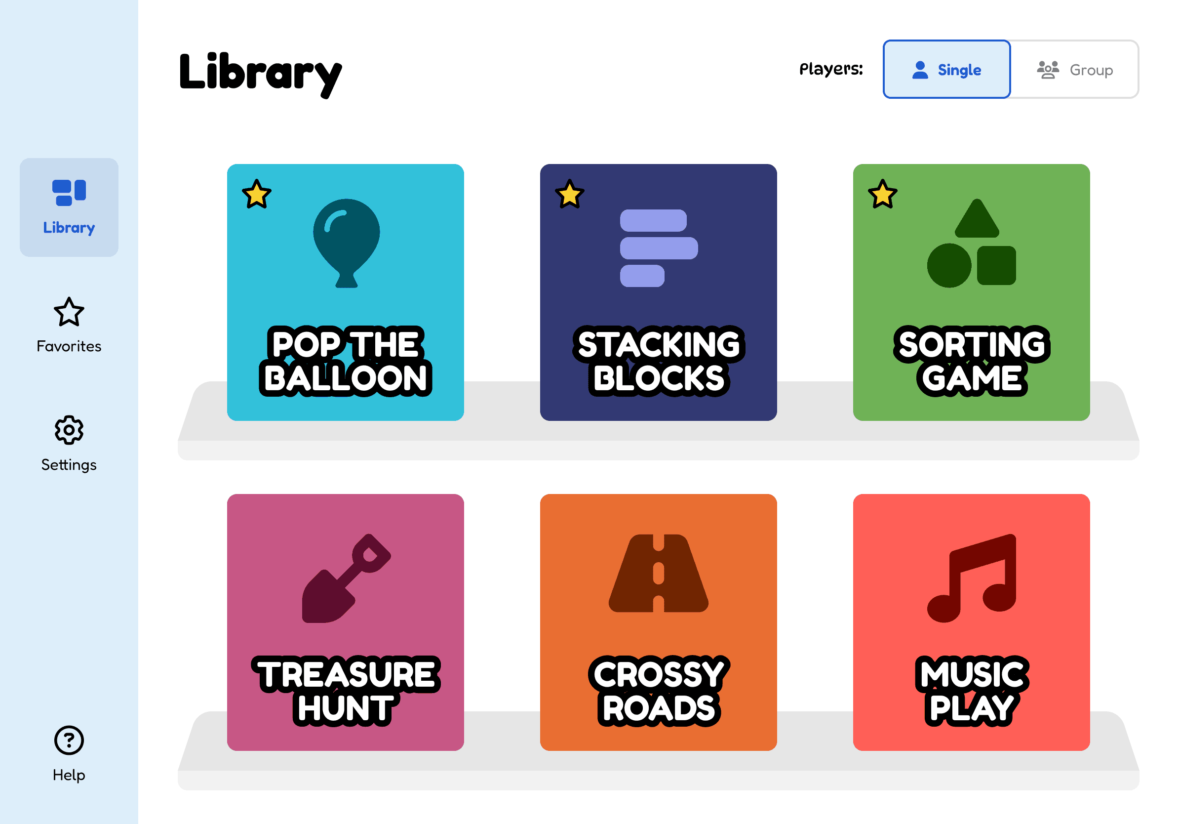 The Switcharoo game library: six games in a shelf, each with a star to favorite it.