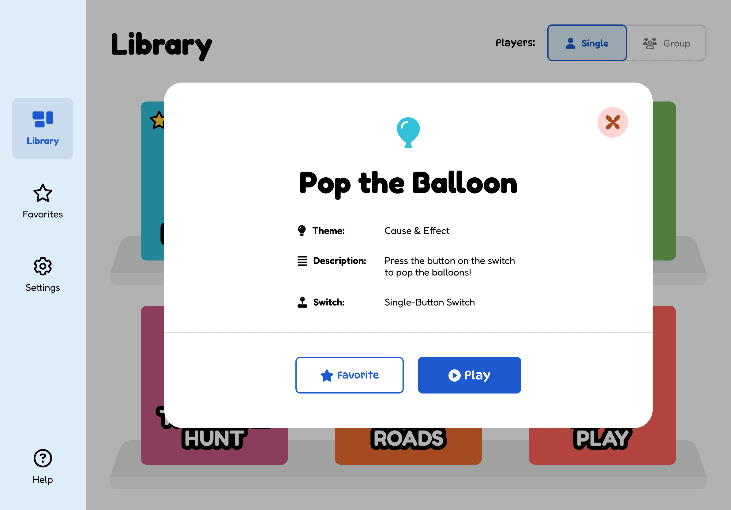 The Pop the Balloon game card: press the switch to pop balloons.